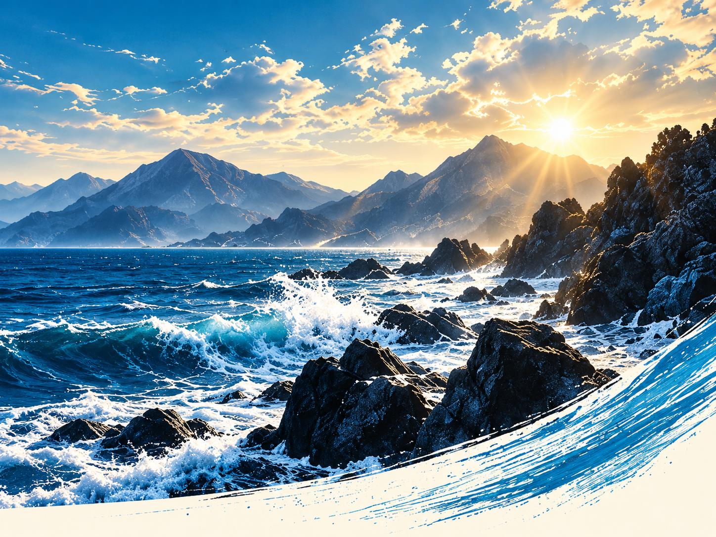 Blue ocean waves and rocky mountains beneath a golden sunrise