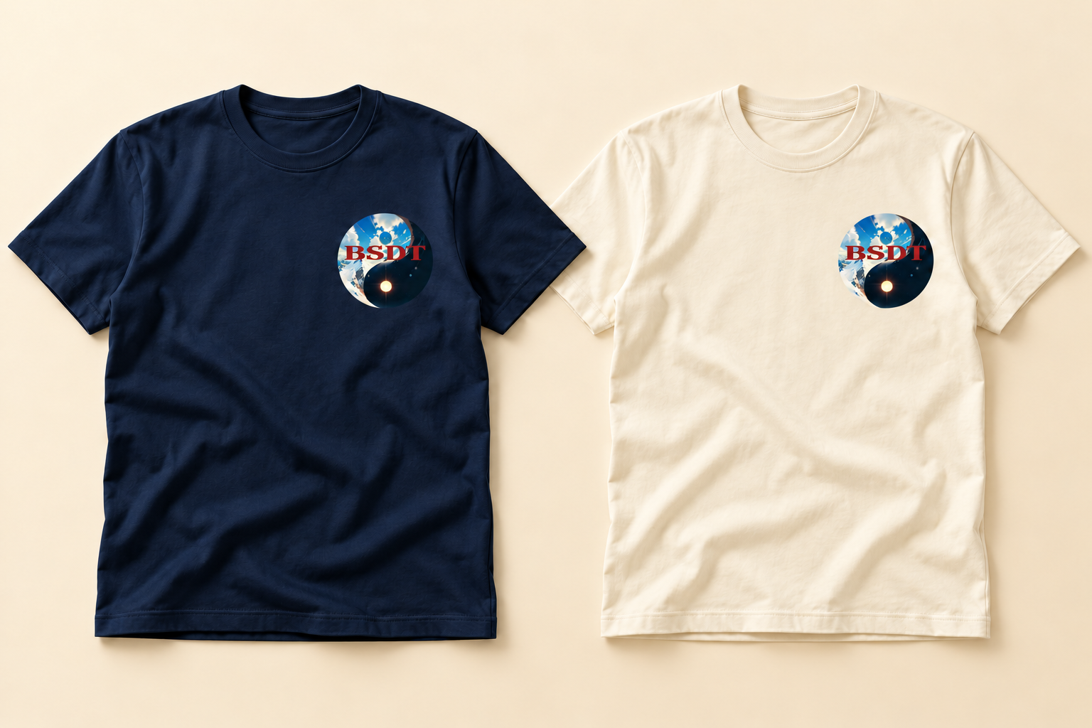 Concept navy and cream BSDT T-shirts, coming soon, not available for purchase